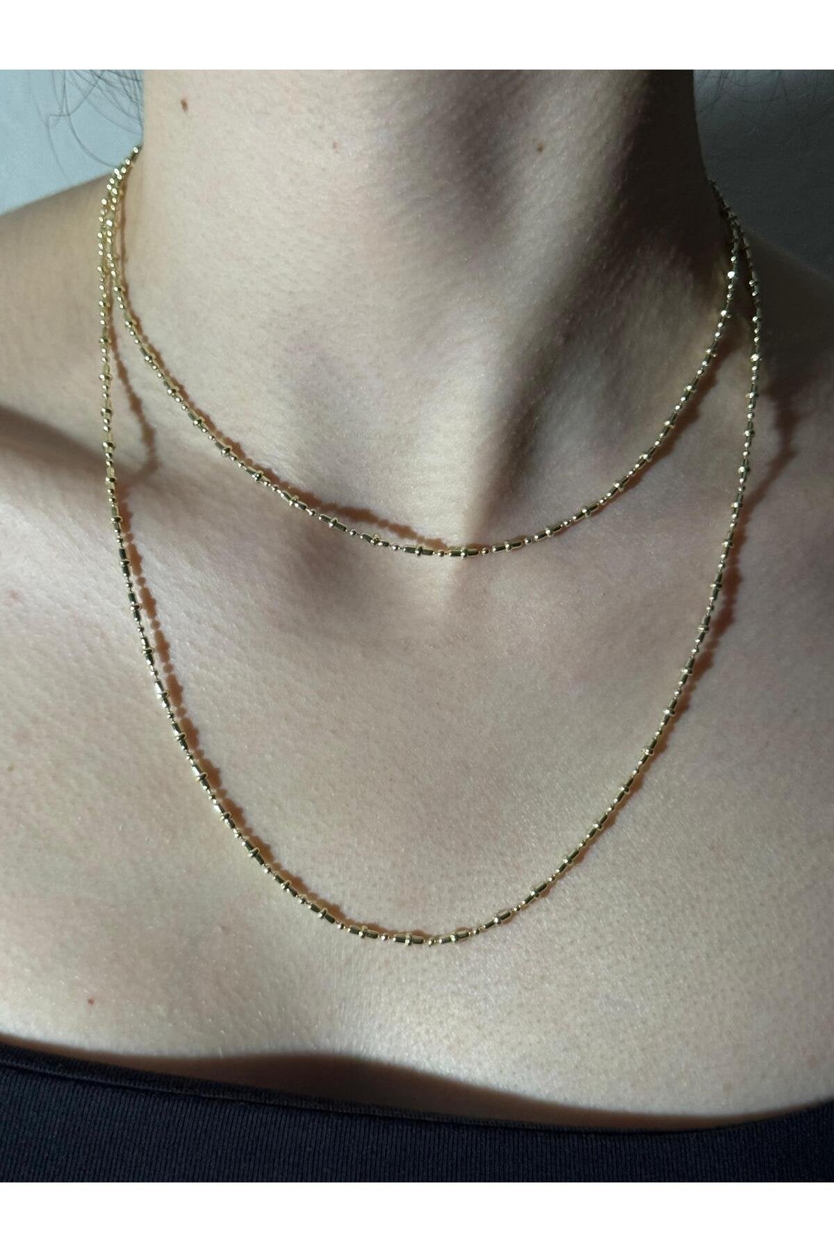 2 Katlı Mikro Boncuk Katmanlı Gold Kaplama Çelik Kolye