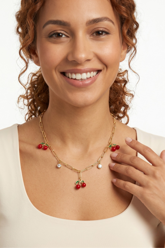 Cherry Gold Kiraz ve Zirkon Taş Detaylı Gold Kaplama Çelik Kadın Kolye