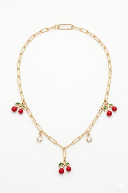 Cherry Gold Kiraz ve Zirkon Taş Detaylı Gold Kaplama Çelik Kadın Kolye