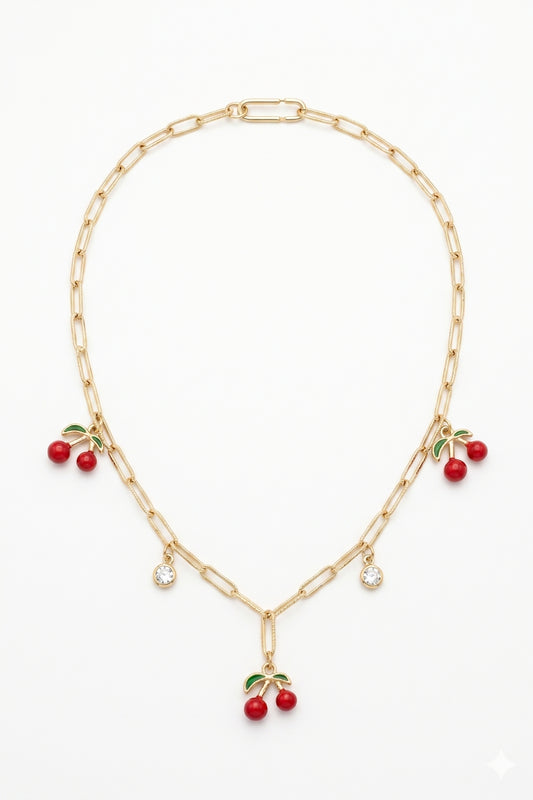 Cherry Gold Kiraz ve Zirkon Taş Detaylı Gold Kaplama Çelik Kadın Kolye