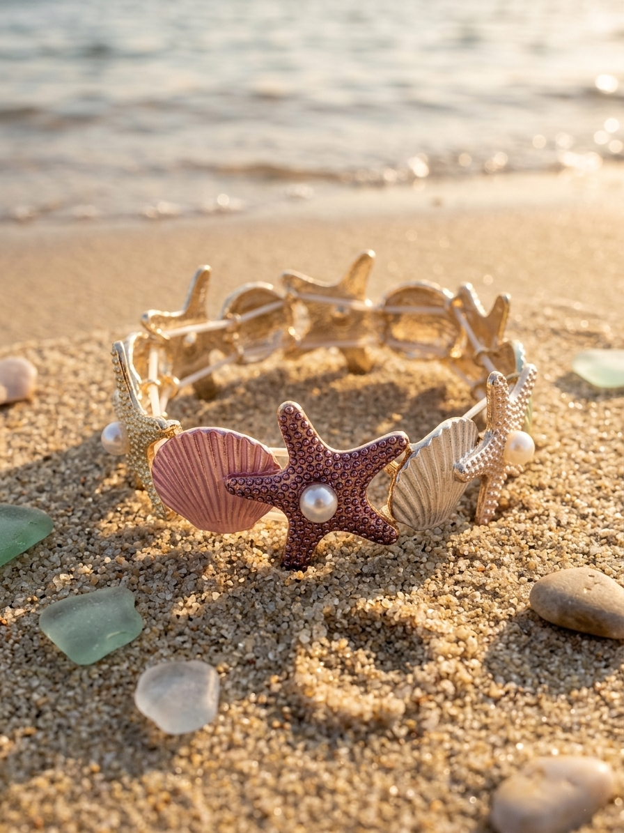 Deniz Yıldızı Tasarımlı İncili Lastikli Bileklik