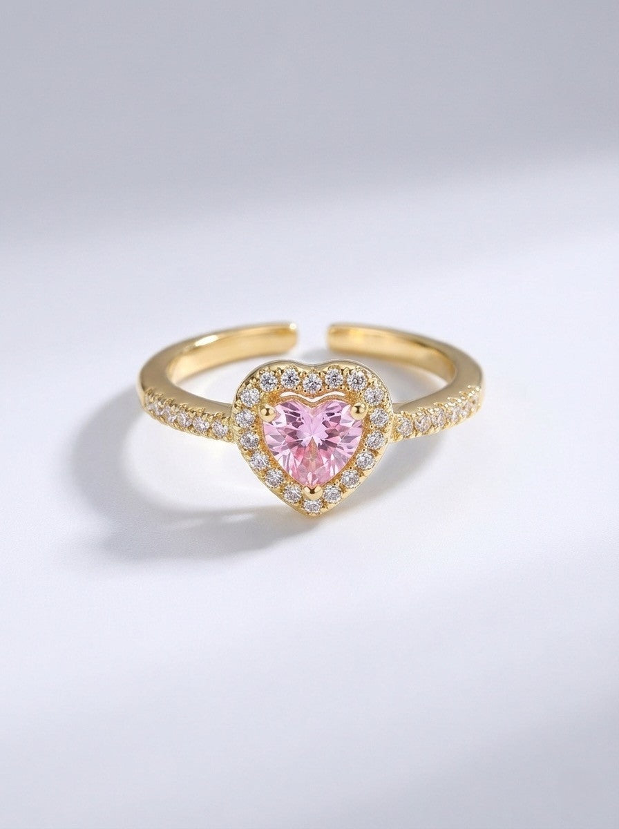 Pembe Zirkon Taşlı Kalpli Yüzük Ayarlanabilir - Gold Kaplama
