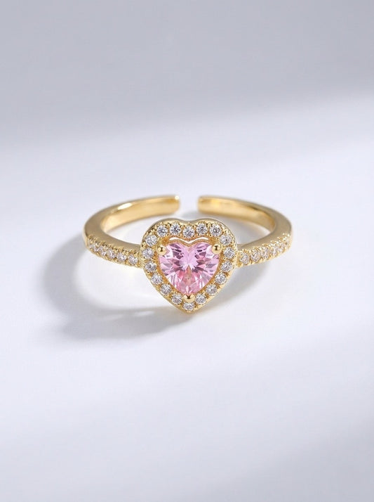 Pembe Zirkon Taşlı Kalpli Yüzük Ayarlanabilir - Gold Kaplama