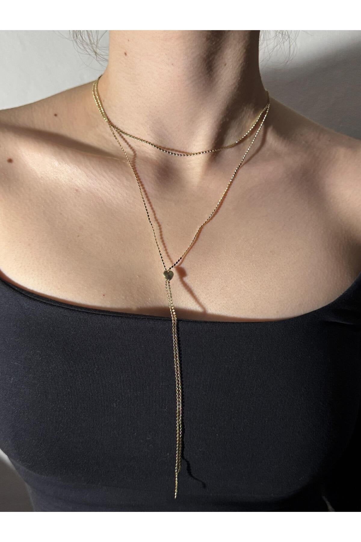 Kalp Detaylı Zincir Gold Kaplama Çelik Y Kolye