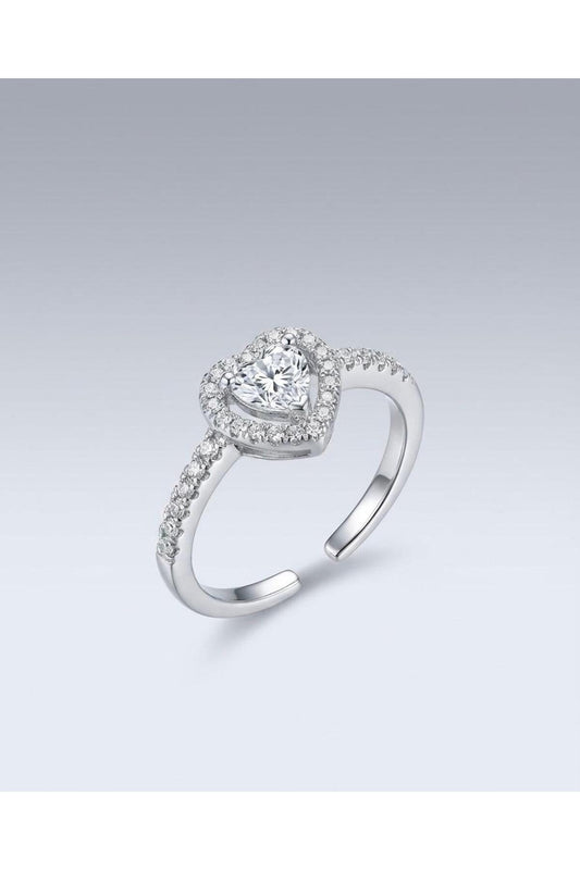 Pırlanta Zirkon Taşlı Kalpli Yüzük Ayarlanabilir - Gümüş Kaplama