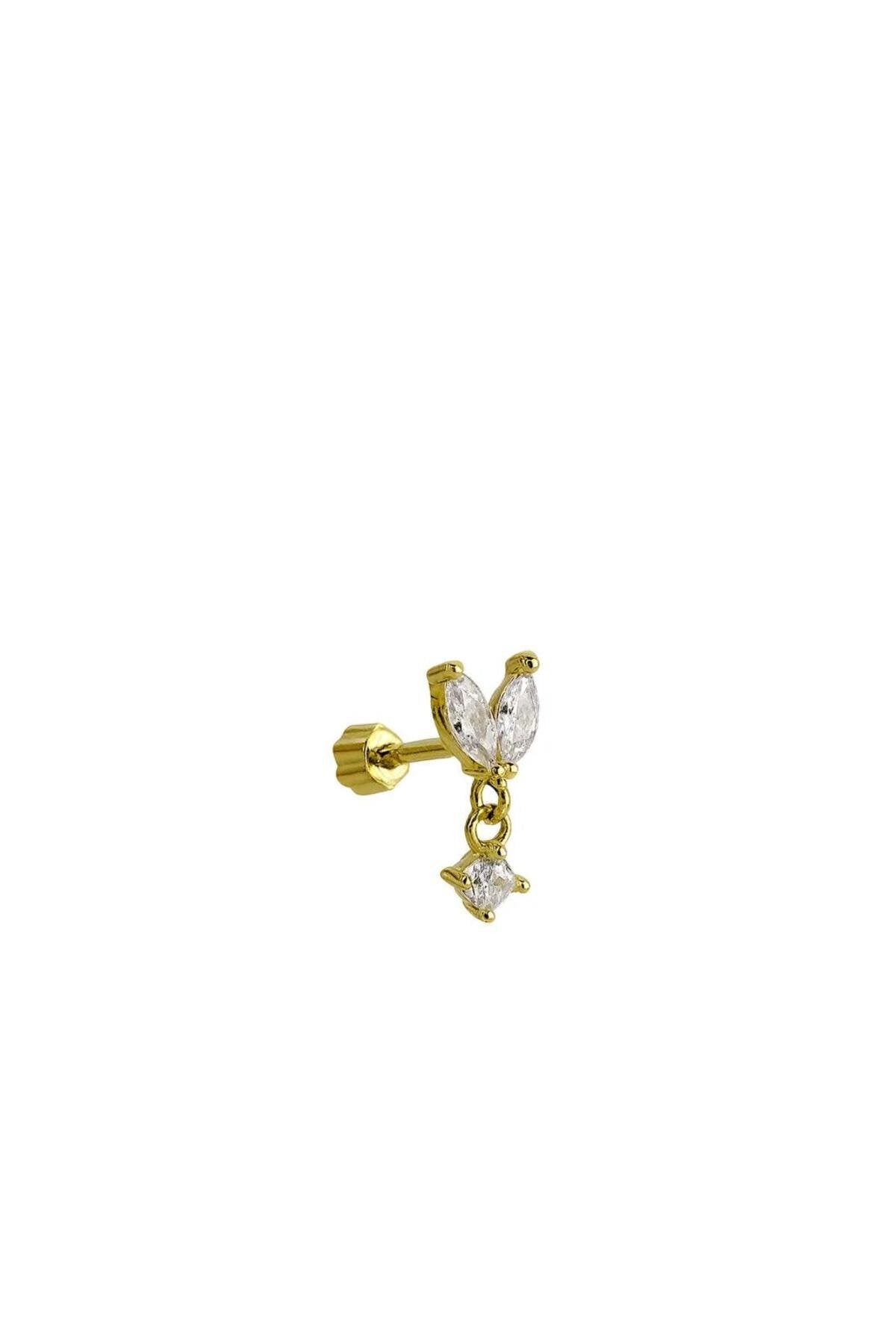 İki Yapraklı Sallantılı Zirkon Taşlı Gold Kaplama Tragus Piercing
