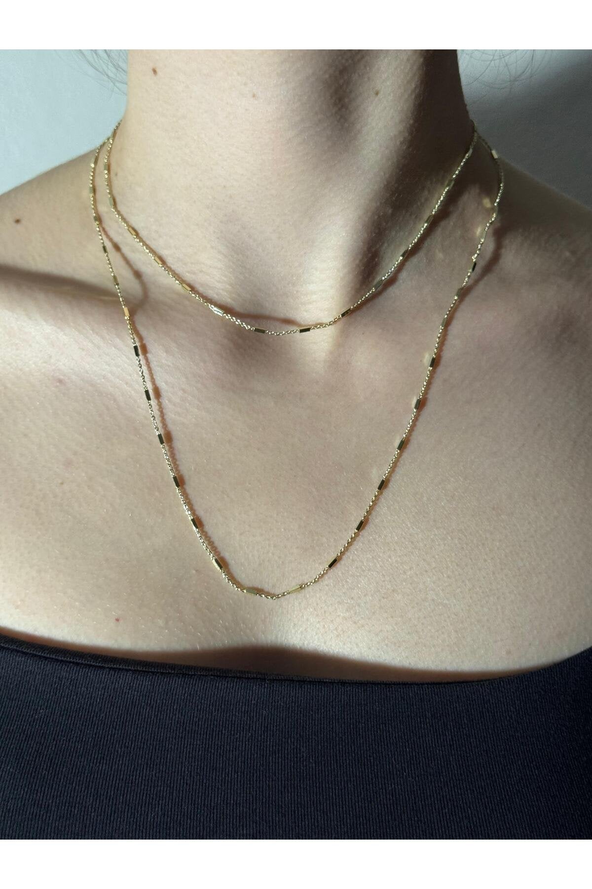 2 Katlı Işıltı Katmanlı Gold Kaplama Çelik Zincir Kolye