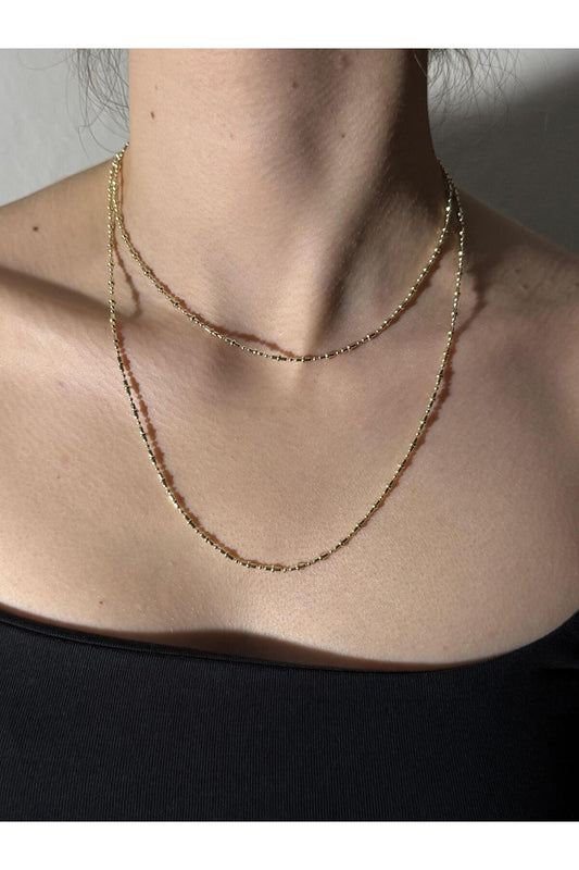 2 Katlı Mikro Boncuk Katmanlı Gold Kaplama Çelik Kolye