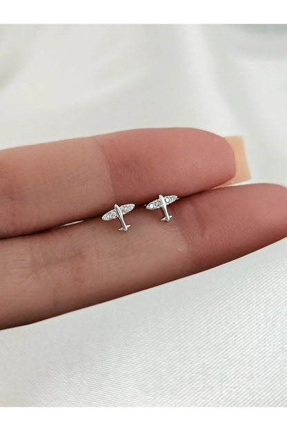 Uçak Tasarımlı Taşlı Gümüş Kaplama Tragus Piercing