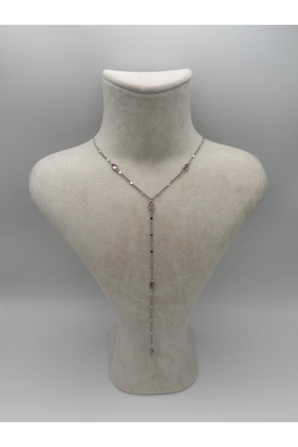 Pembe Zirkon Taş Detaylı Gümüş Kaplama Çelik Y Kolye