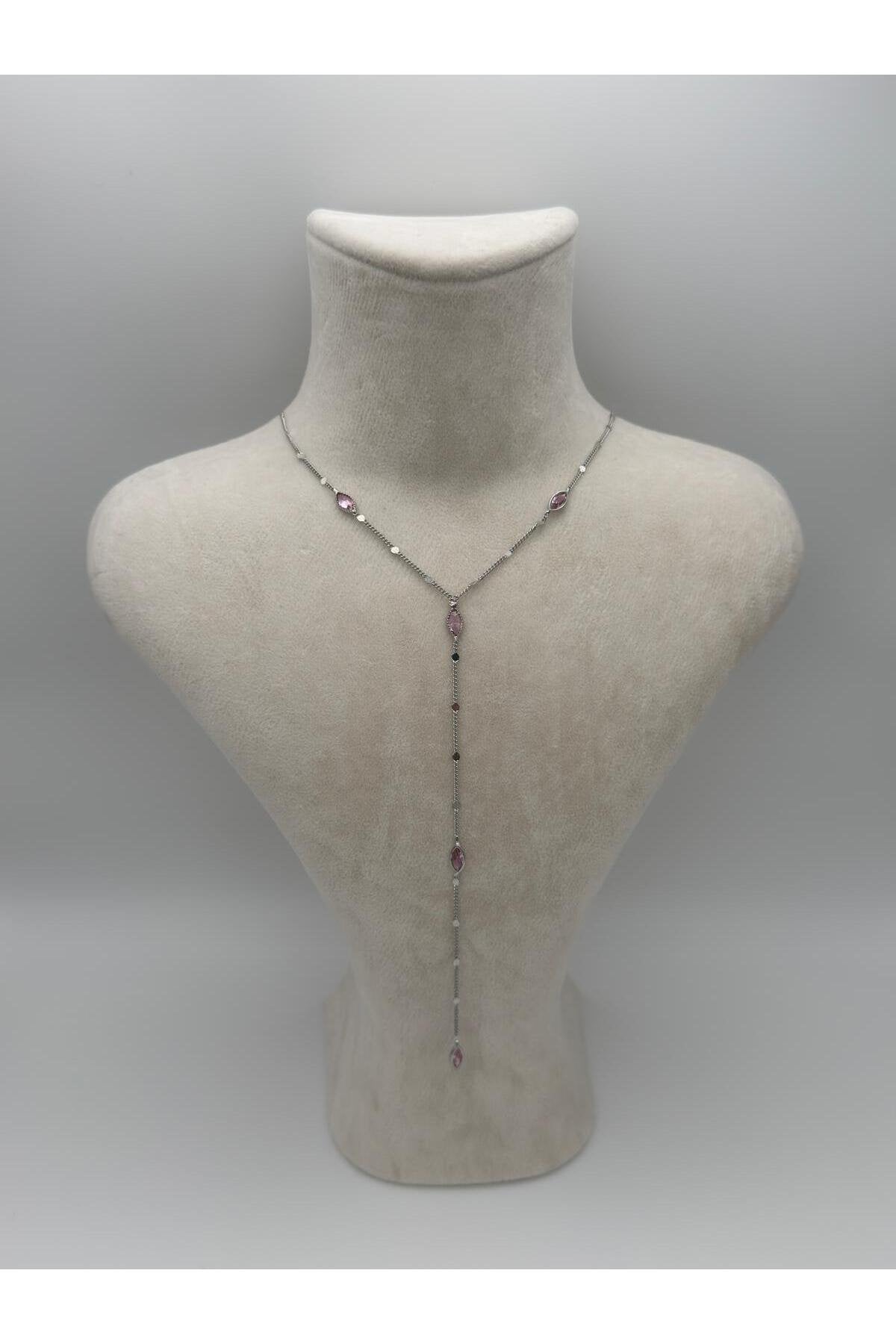 Pembe Zirkon Taş Detaylı Gümüş Kaplama Çelik Y Kolye