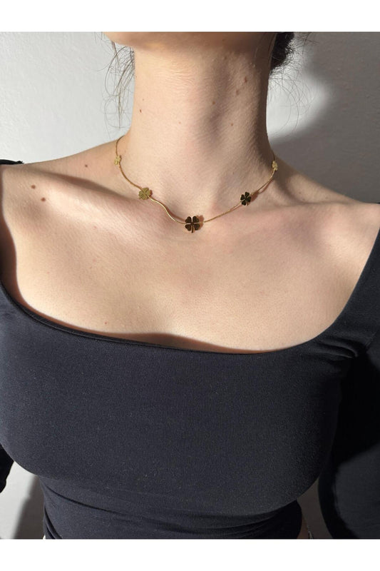 4 Yapraklı Gold Şans Yonca Çelik Kadın Kolye