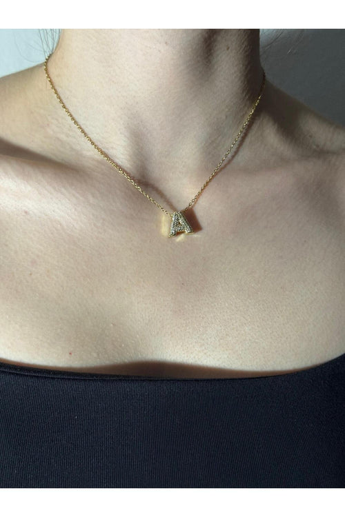 Gold Kaplama Zirkon Taşlı Harfli Kolye