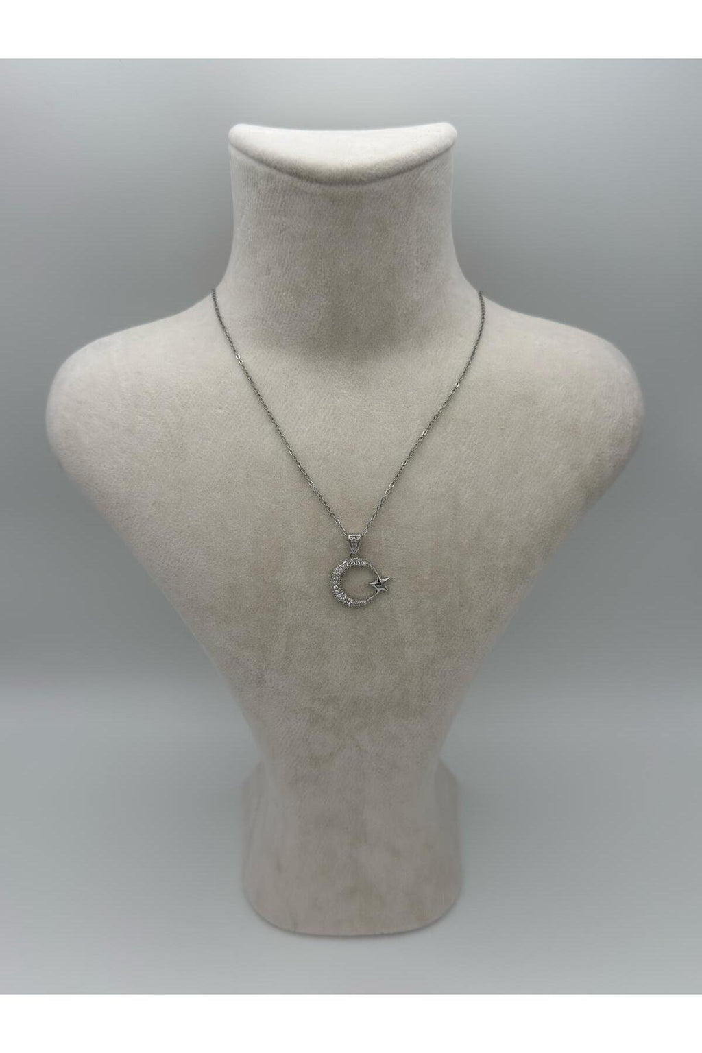 Ay Yıldız Zirkon Taş Detaylı Çelik Kolye