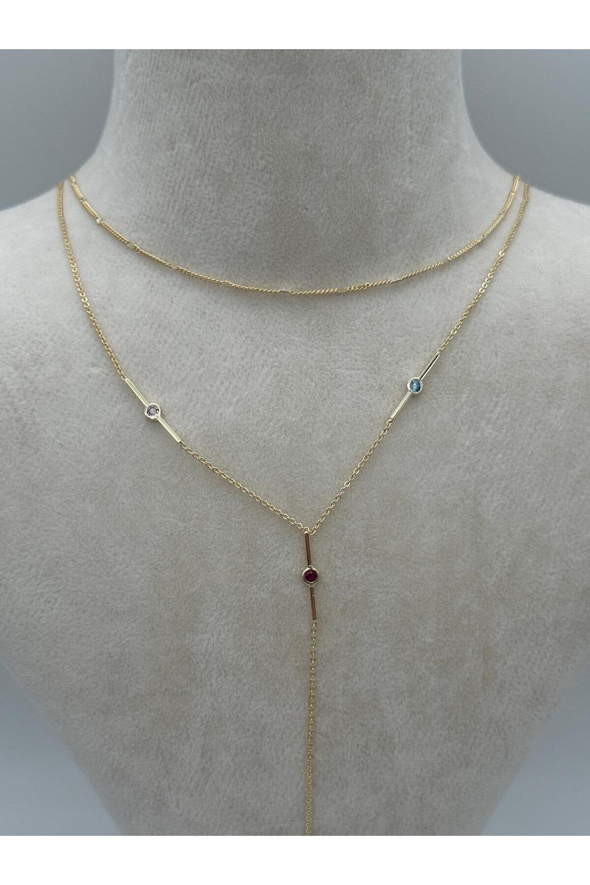 Bordo Zirkon Taşlı Gold Kaplama Çelik Y Kolye