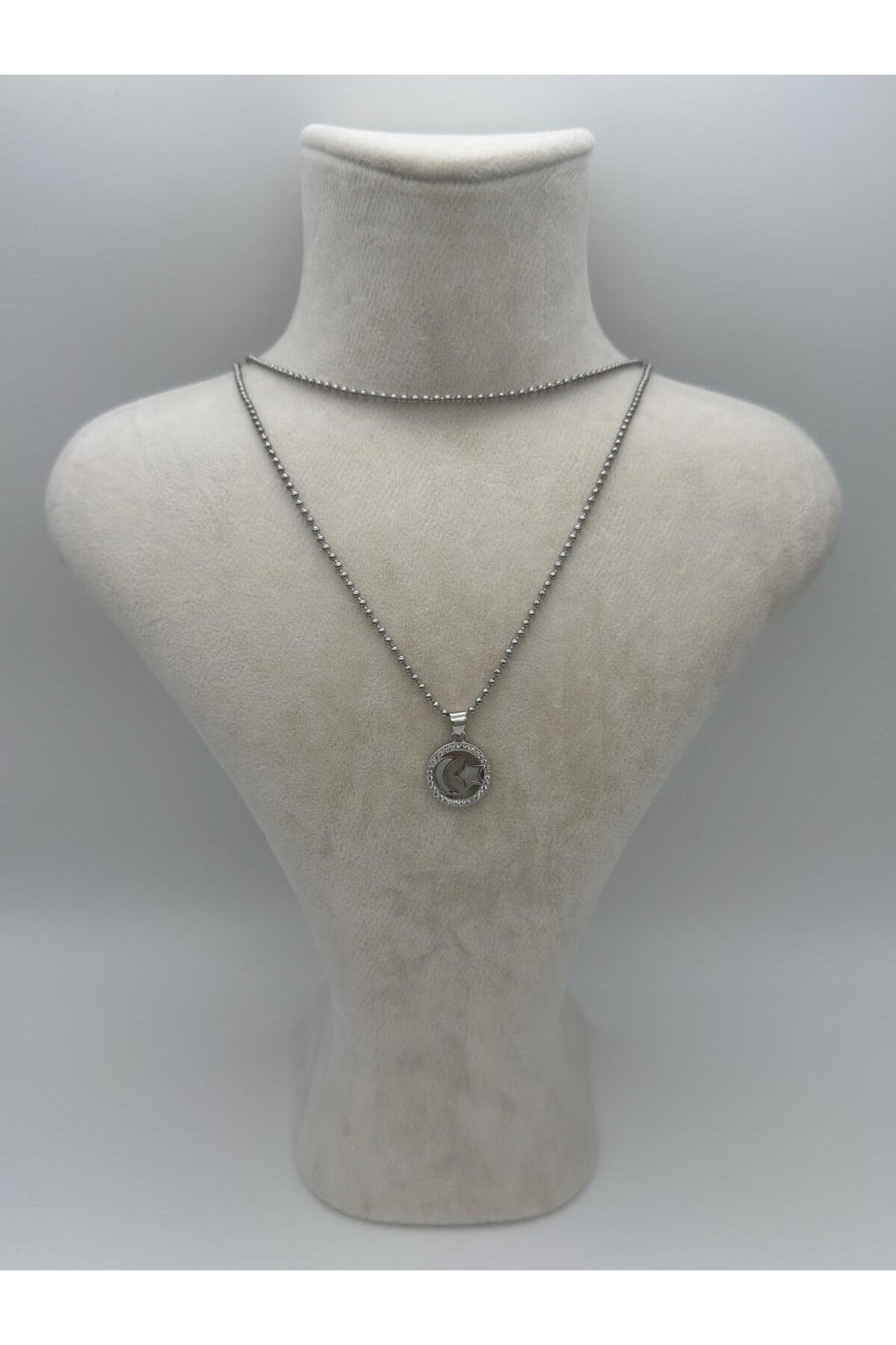 Çemberli Ay Yıldız Zirkon Taş Detaylı Gümüş Kaplama Çelik Kolye