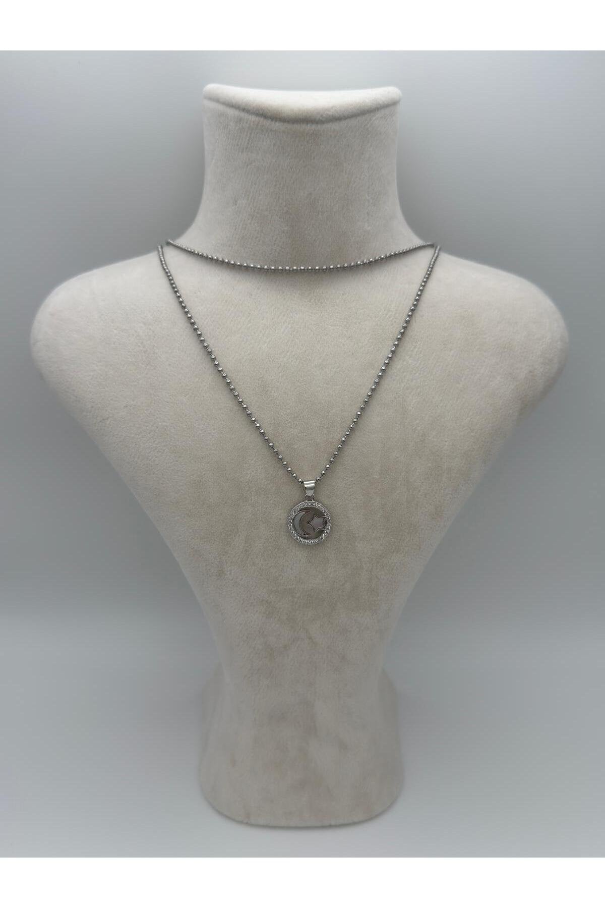 Çemberli Ay Yıldız Zirkon Taş Detaylı Gümüş Kaplama Çelik Kolye