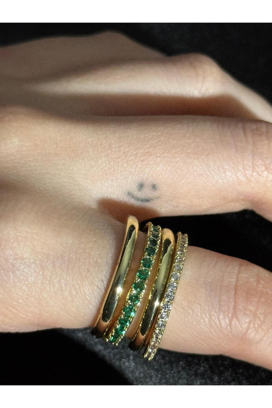 4'lü Birleşik (Ayrılabilir) İnce Zarif Yeşil Zirkon Taş Detaylı Paslanmaz Çelik Gold Kaplama Yüzük