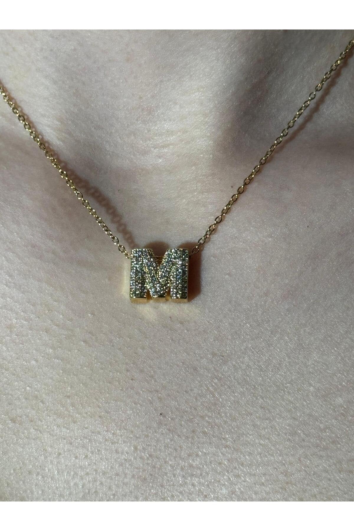 Gold Kaplama Zirkon Taşlı Harfli Kolye