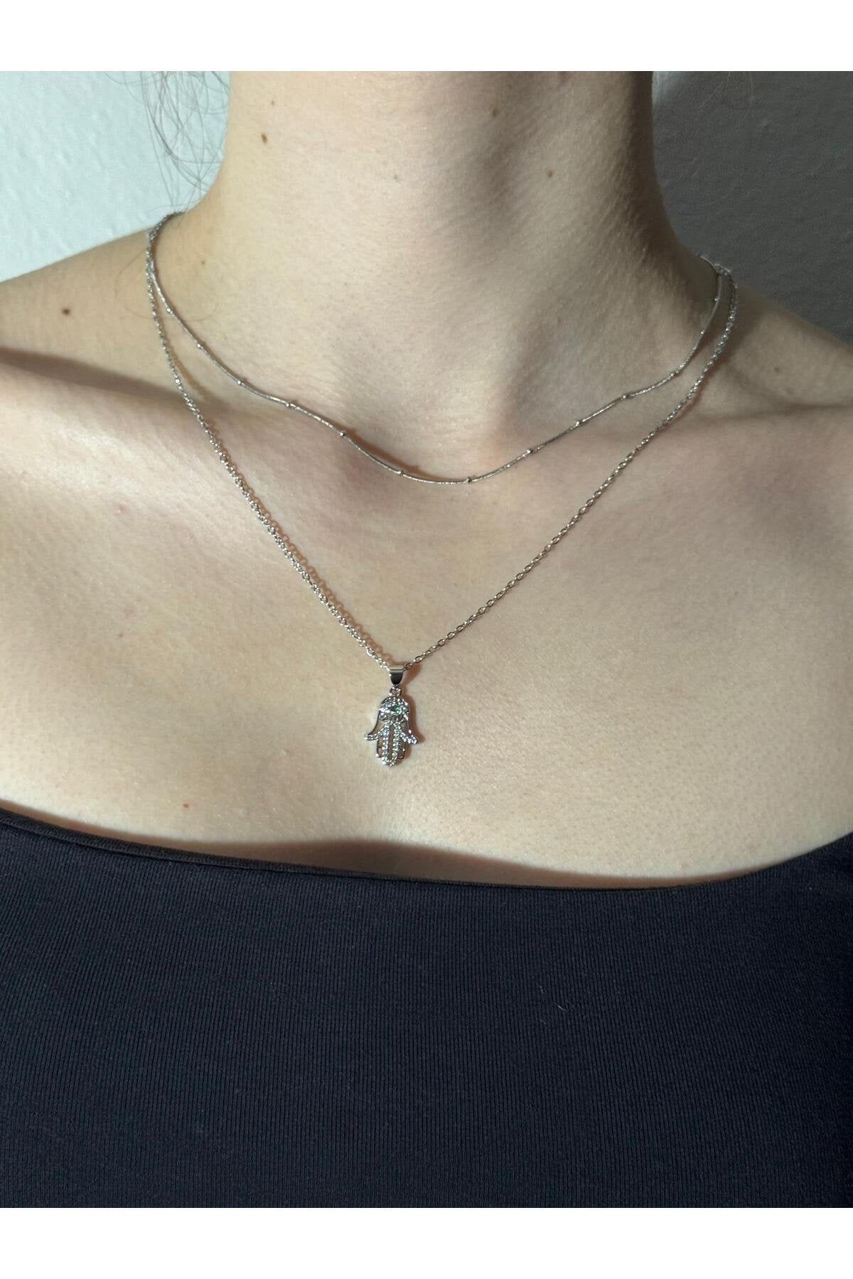 Meryem Ana Eli Yeşil Zirkon Taş Detaylı Gümüş Kaplama Çelik Kadın Kolye