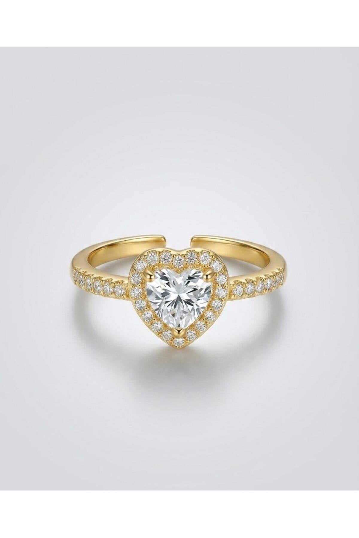 Pırlanta Zirkon Taşlı Kalpli Yüzük Ayarlanabilir - Gold Kaplama