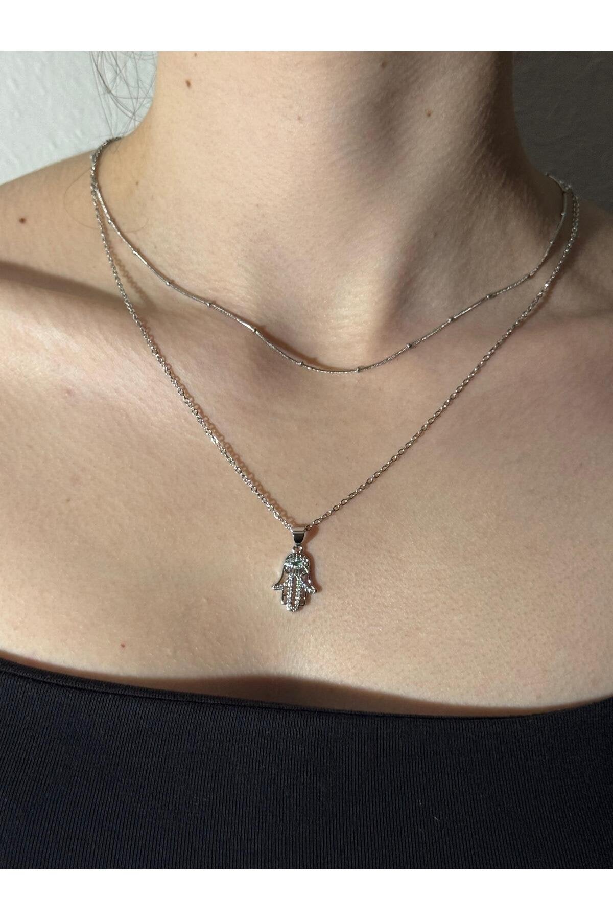 Meryem Ana Eli Yeşil Zirkon Taş Detaylı Gümüş Kaplama Çelik Kadın Kolye