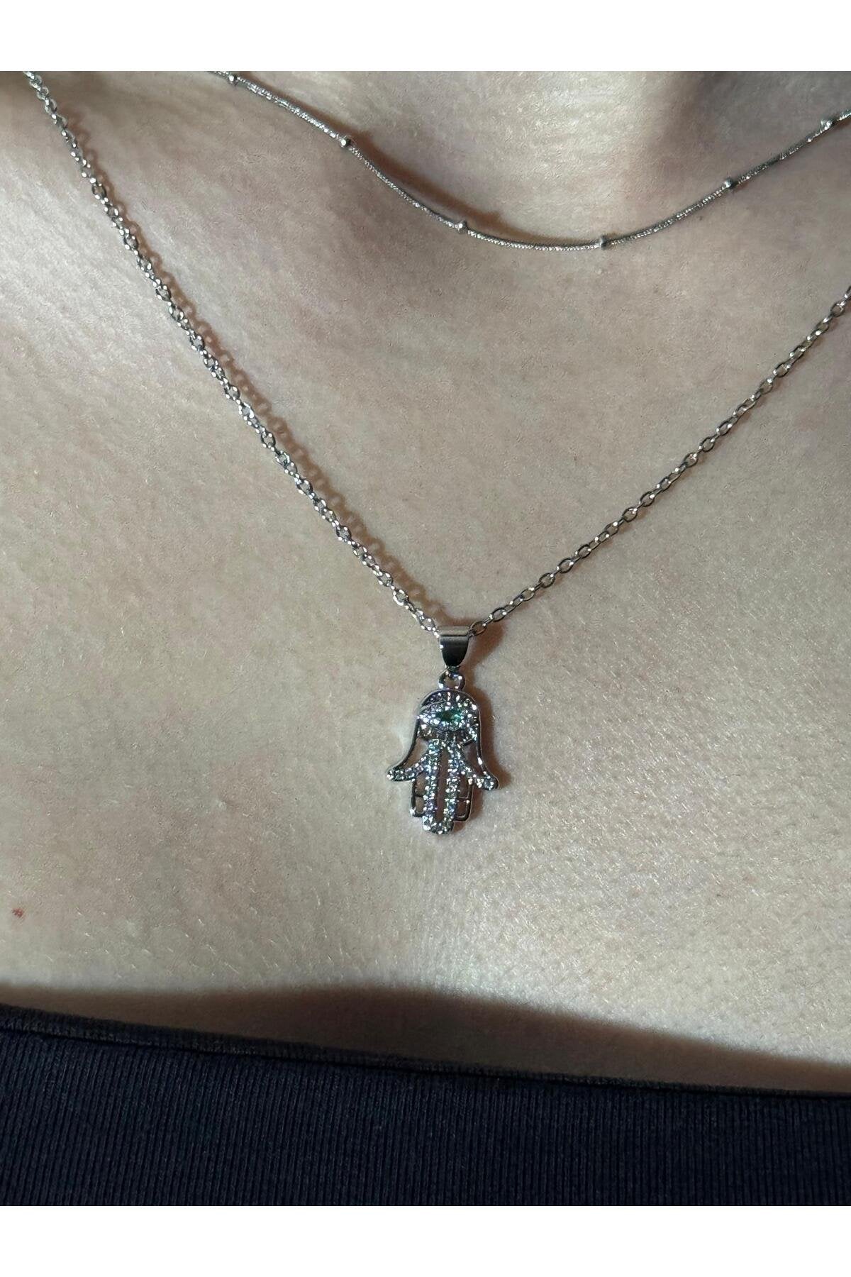 Meryem Ana Eli Yeşil Zirkon Taş Detaylı Gümüş Kaplama Çelik Kadın Kolye