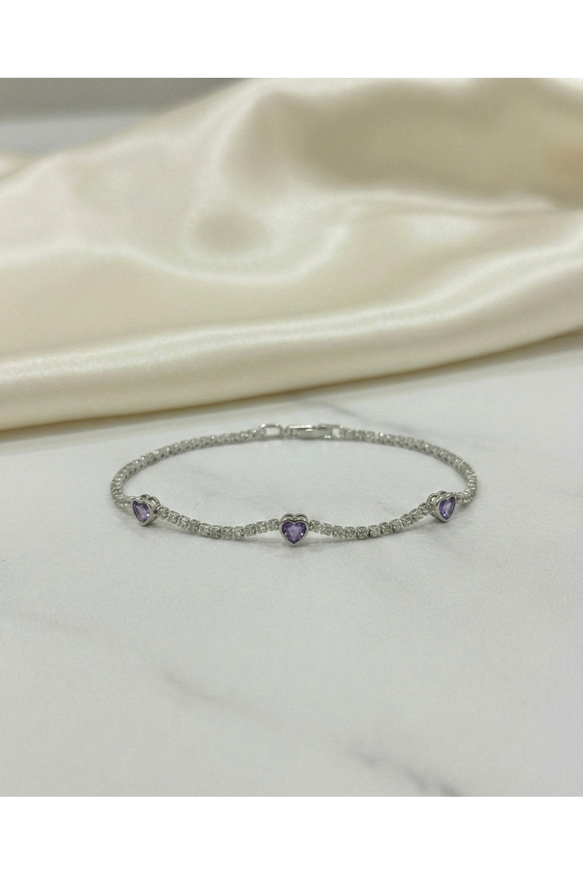 3'lü Mor Kalpli Gümüş Kaplama Pırlanta Su Yolu Bileklik