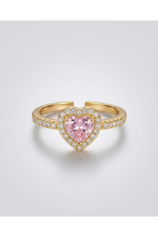 Pembe Zirkon Taşlı Kalpli Yüzük Ayarlanabilir - Gold Kaplama