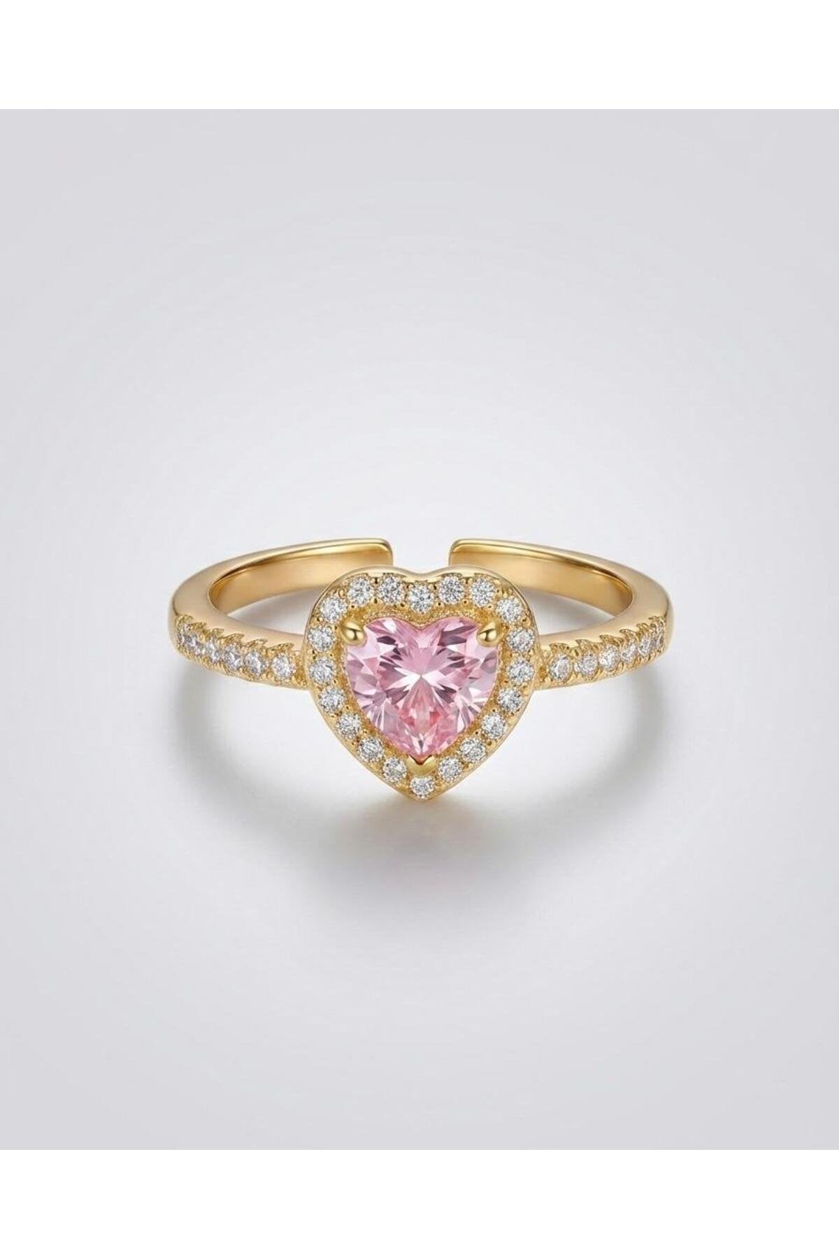 Pembe Zirkon Taşlı Kalpli Yüzük Ayarlanabilir - Gold Kaplama