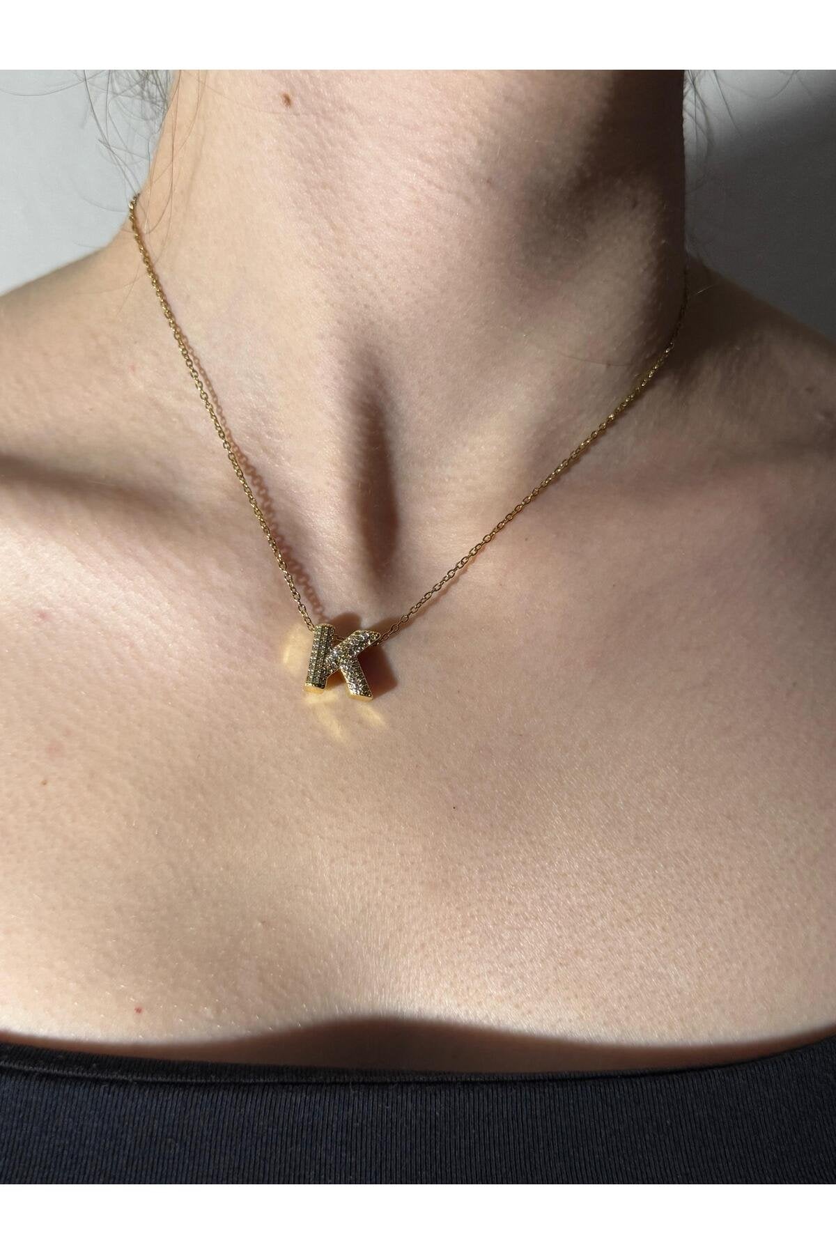 Gold Kaplama Zirkon Taşlı Harfli Kolye