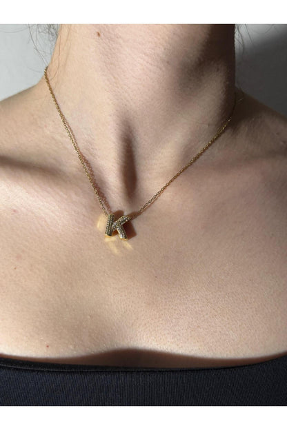Gold Kaplama Zirkon Taşlı Harfli Kolye