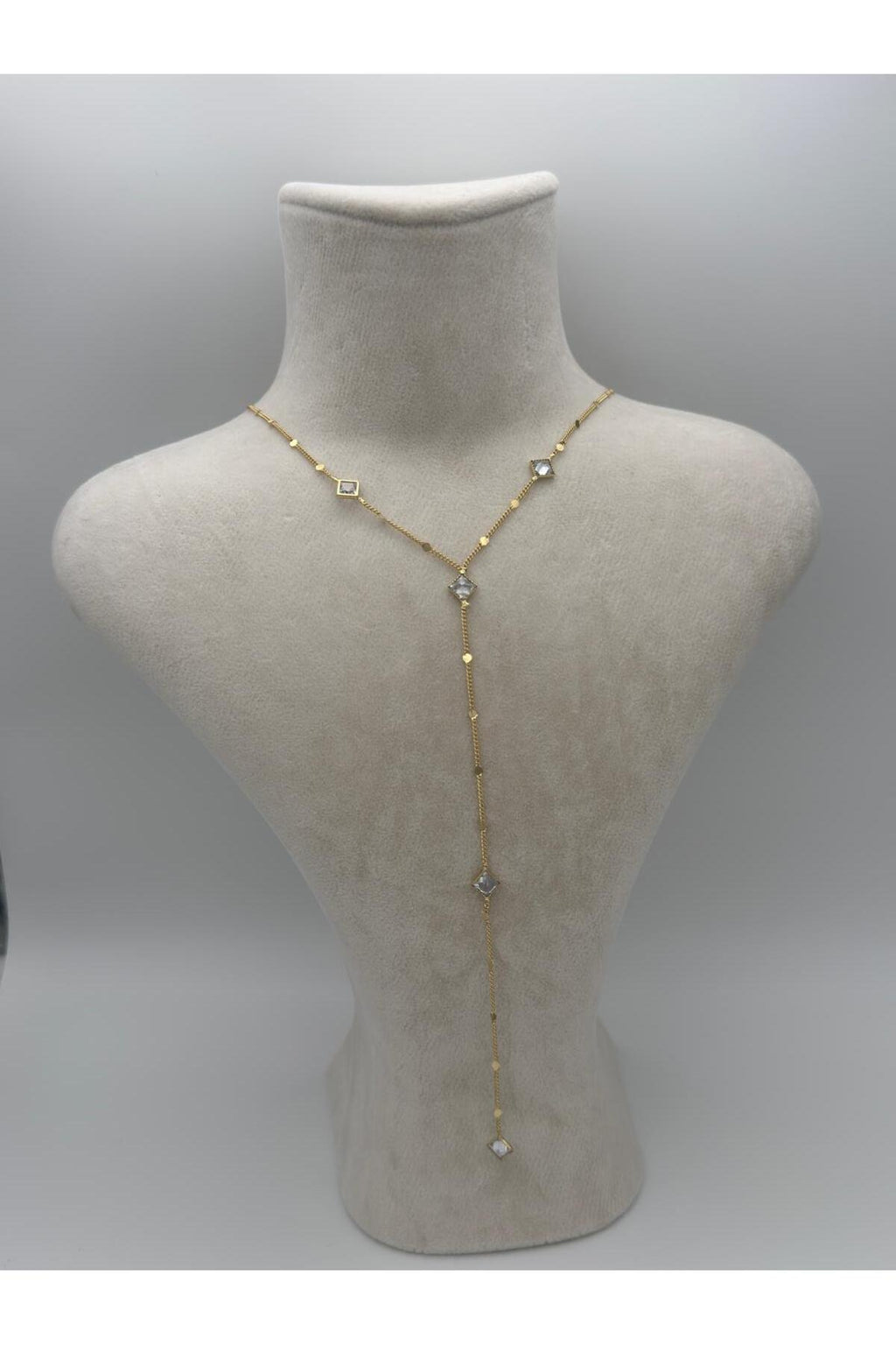 Dörtgen Zirkon Taş Detaylı Gold Kaplama Çelik Y Kolye