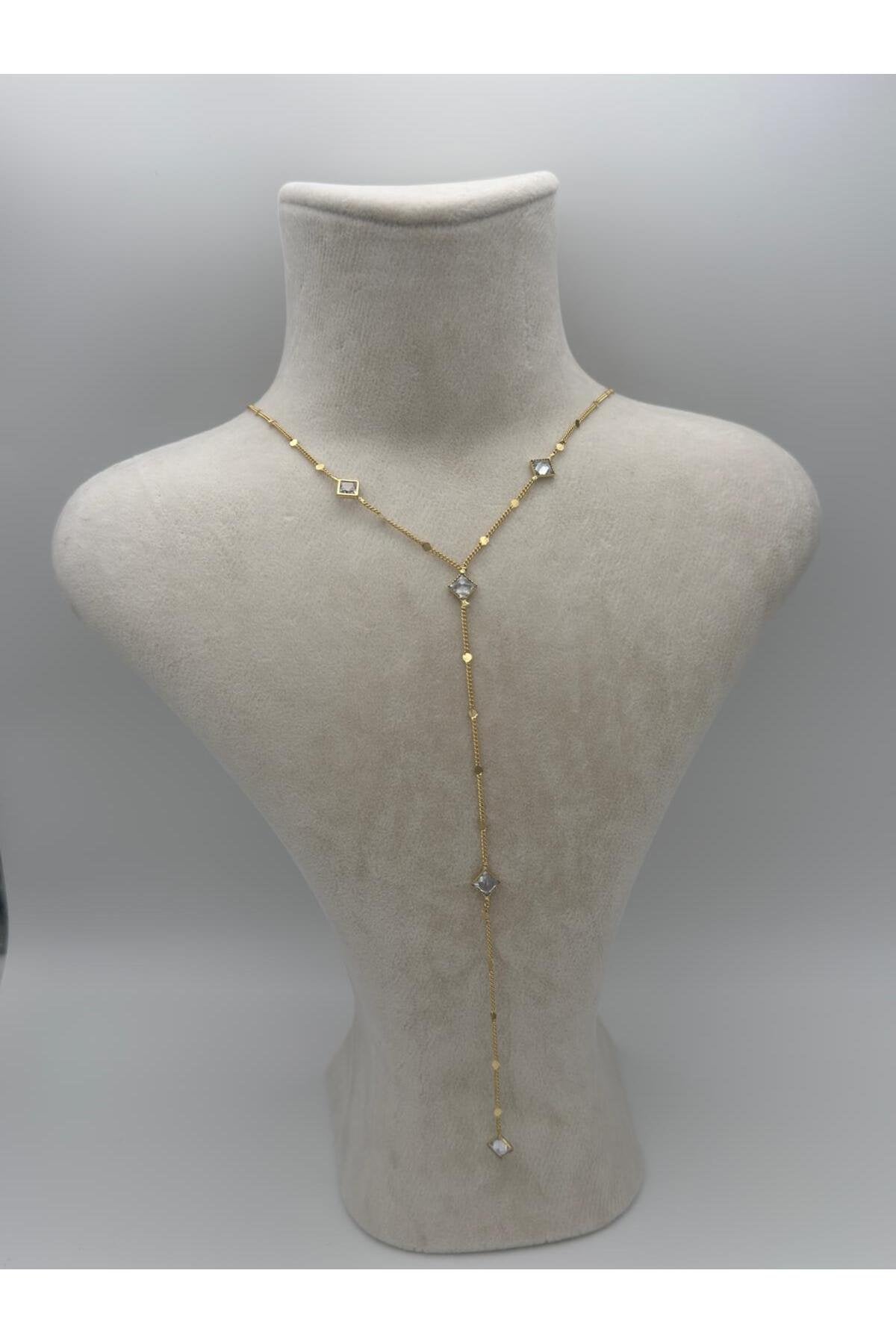 Dörtgen Zirkon Taş Detaylı Gold Kaplama Çelik Y Kolye