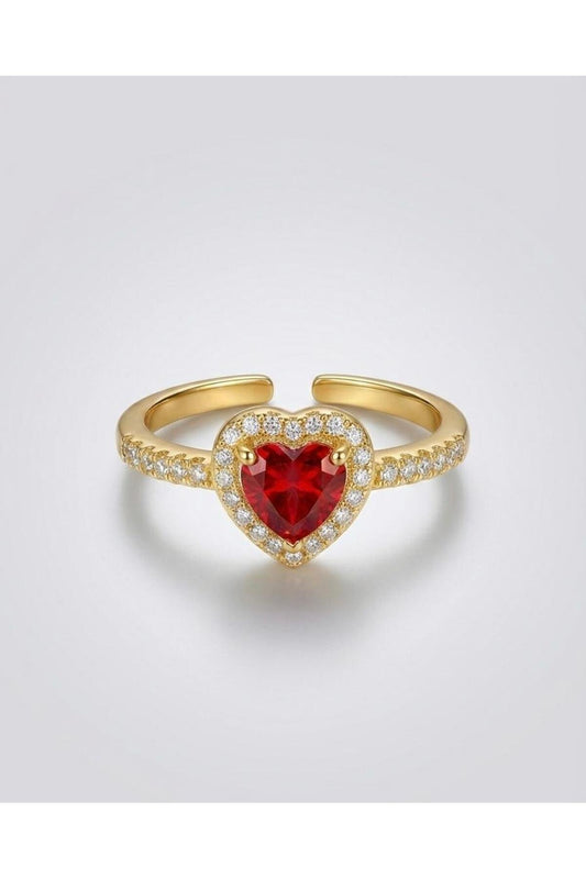 Kırmızı Zirkon Taşlı Kalpli Yüzük Ayarlanabilir - Gold Kaplama