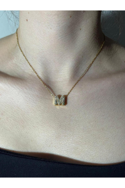 Gold Kaplama Zirkon Taşlı Harfli Kolye