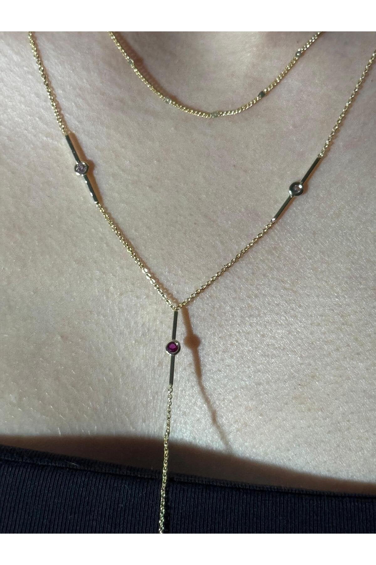 Bordo Zirkon Taşlı Gold Kaplama Çelik Y Kolye