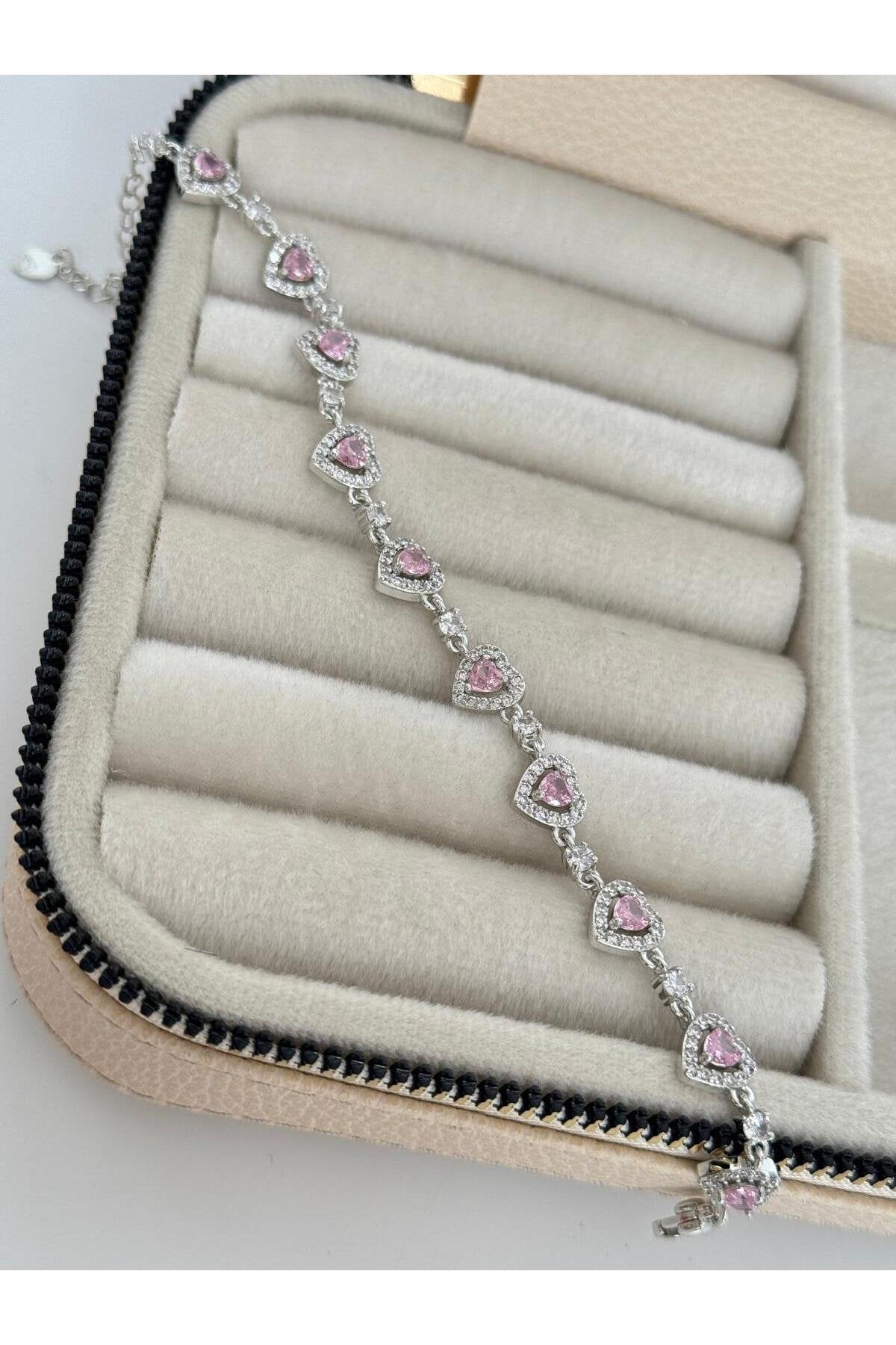 Pembe Kalpli Yuvarlak Taş Detaylı Gümüş Kaplama Bileklik