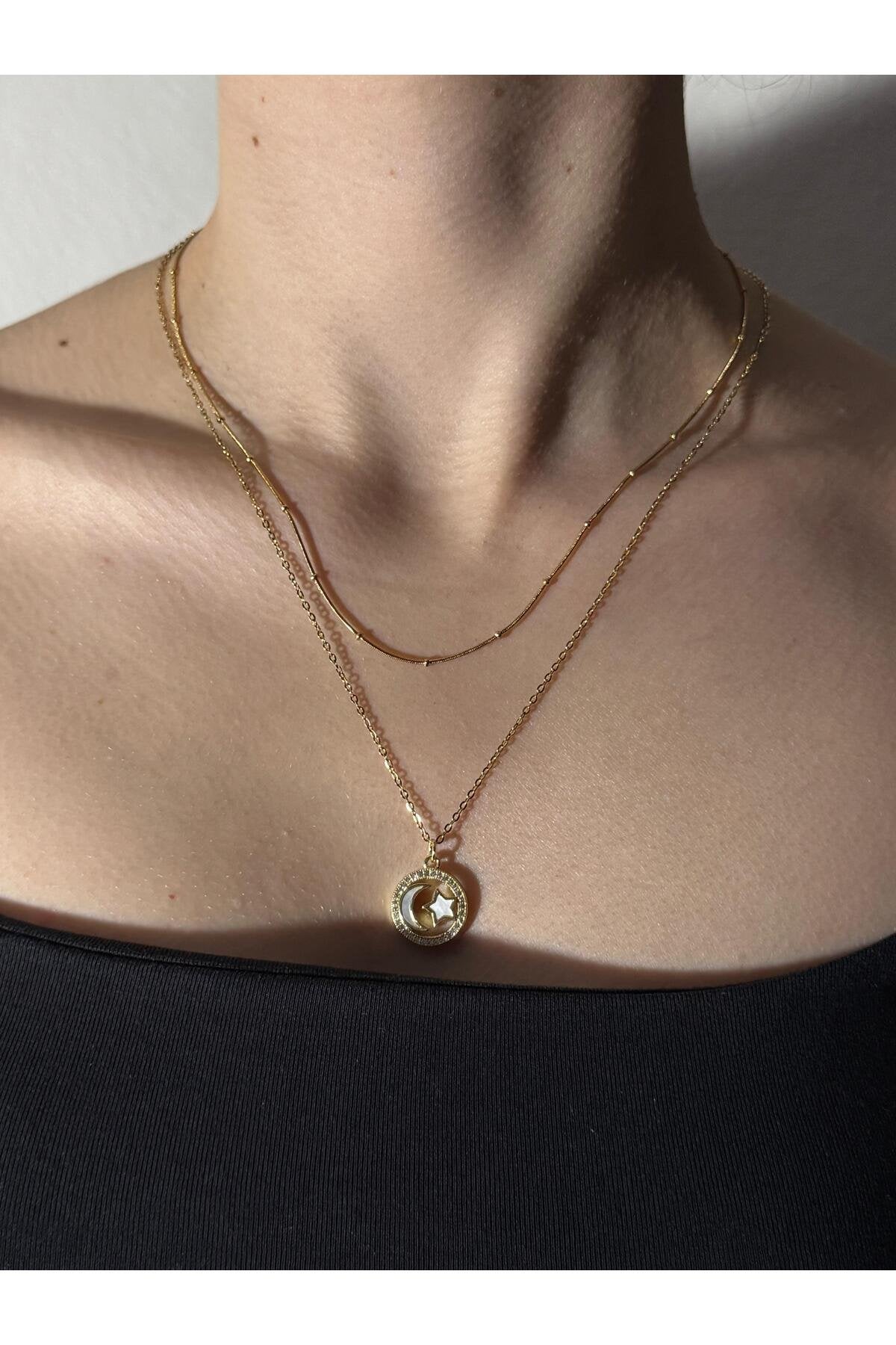Çemberli Ay Yıldız Zirkon Taş Detaylı Gold Kaplama Çelik Kolye