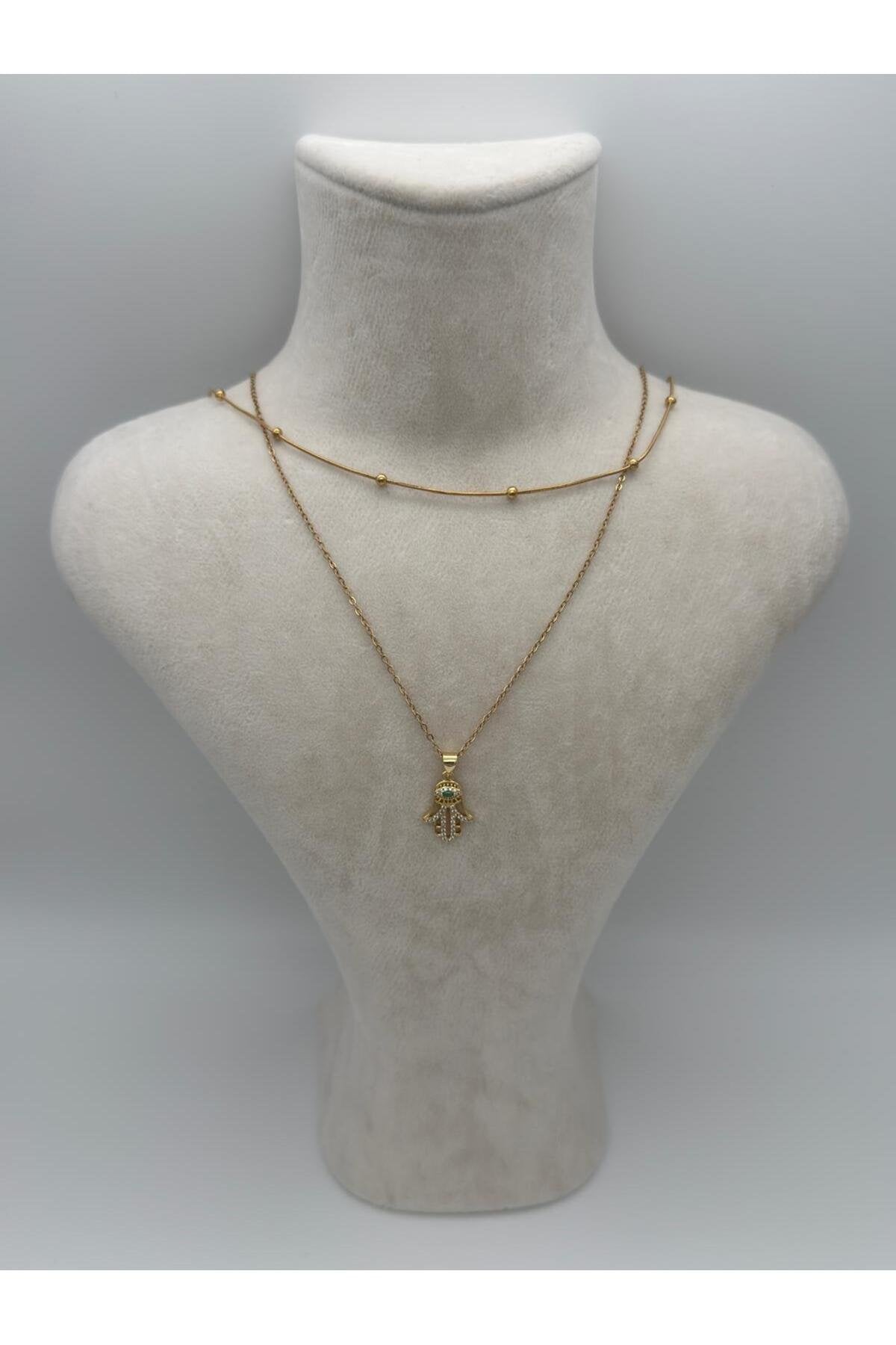 Meryem Ana Eli Yeşil Zirkon Taş Detaylı Gold Kaplama Çelik Kadın Kolye