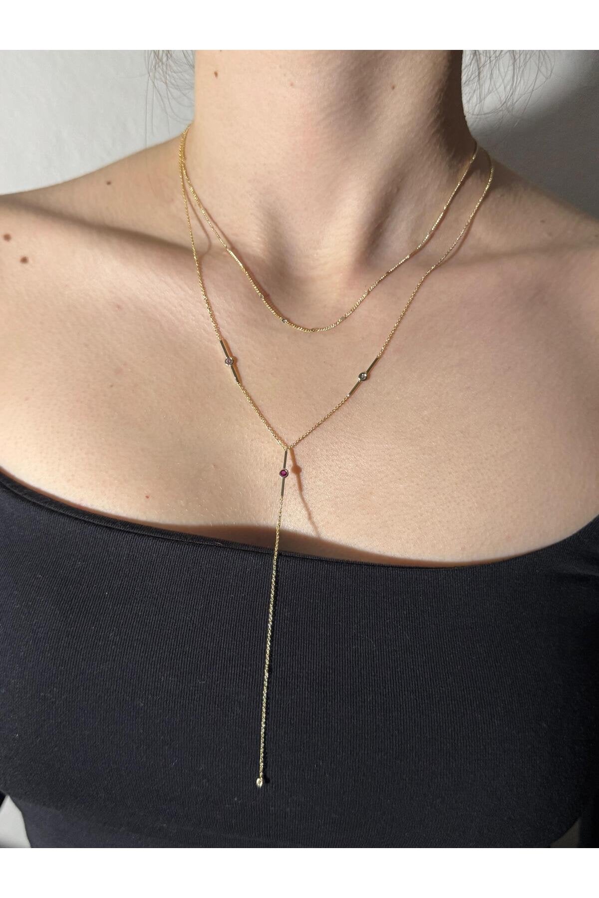 Bordo Zirkon Taşlı Gold Kaplama Çelik Y Kolye