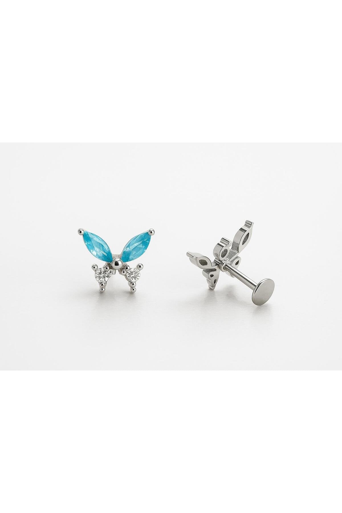 Kelebek Figürlü Mavi Zirkon Taşlı Gümüş Renk Tragus Piercing