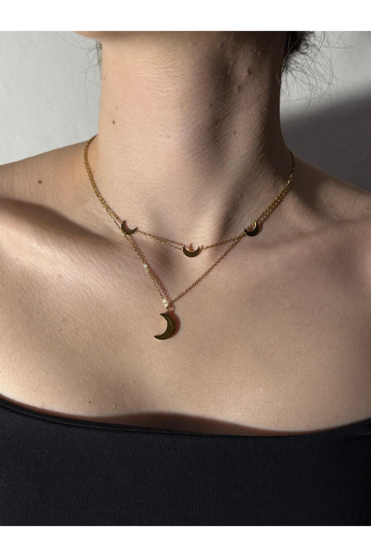 Ay Tutulması Gold Ay Detaylı Taşlı Çelik Kadın Kolye