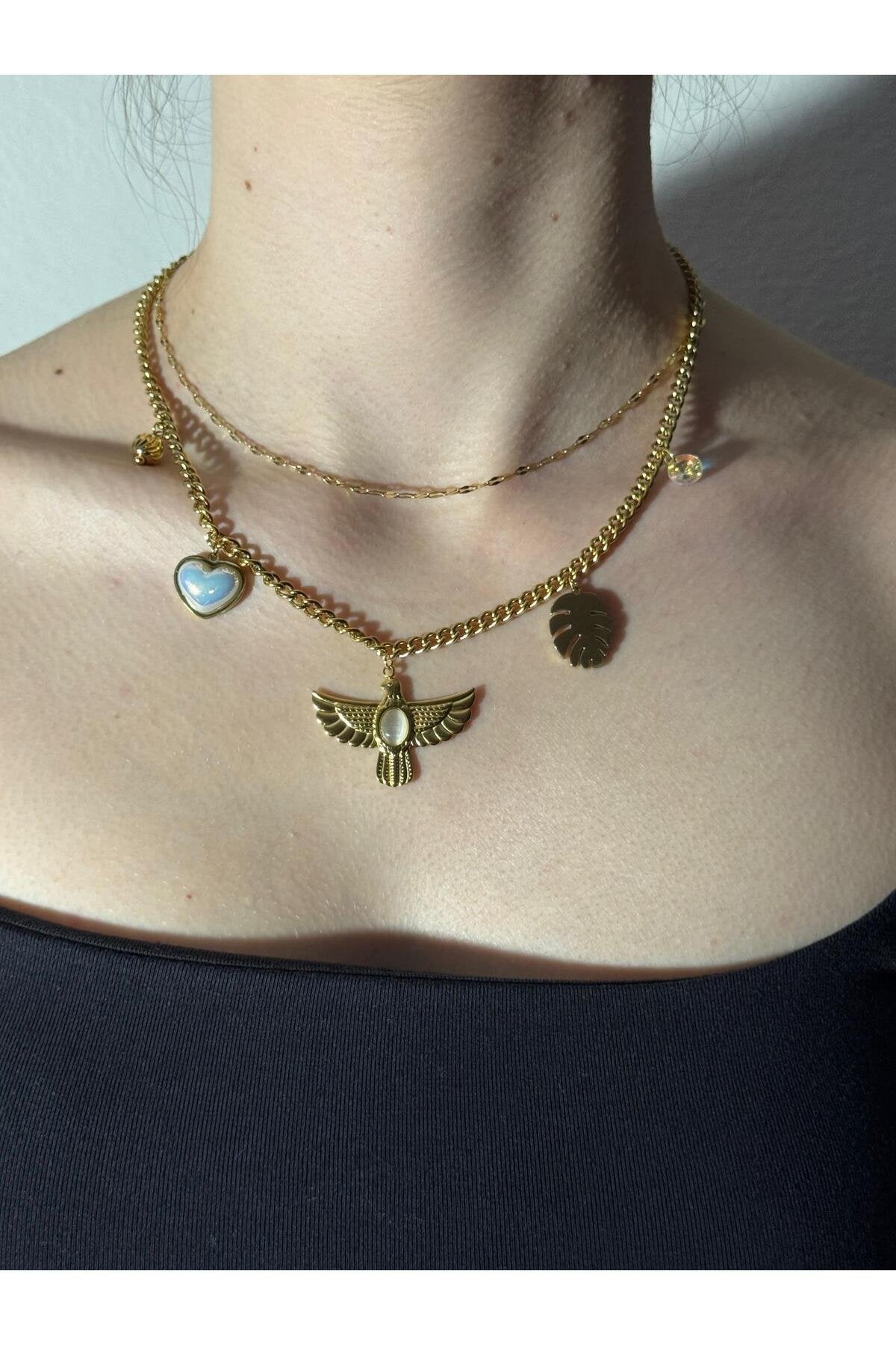 Ra'nın Kanatları Kalp Tüy Detaylı Zirkon Taşlı Çelik Kolye