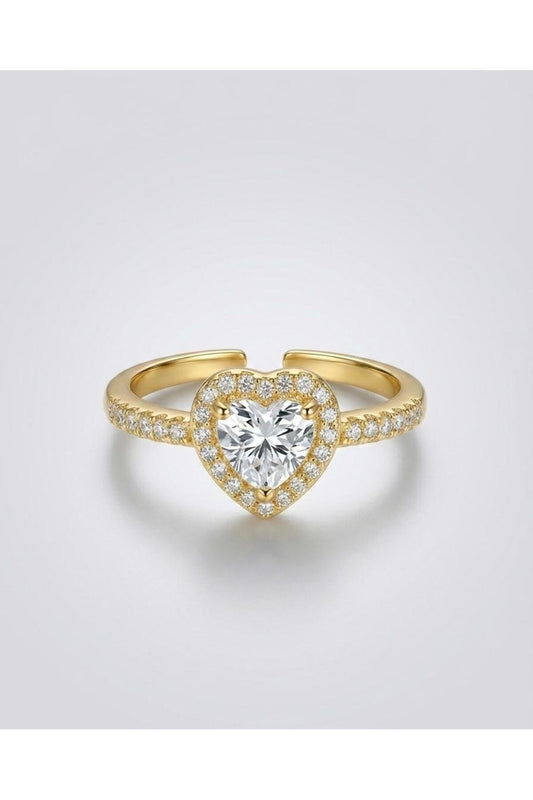 Pırlanta Zirkon Taşlı Kalpli Yüzük Ayarlanabilir - Gold Kaplama