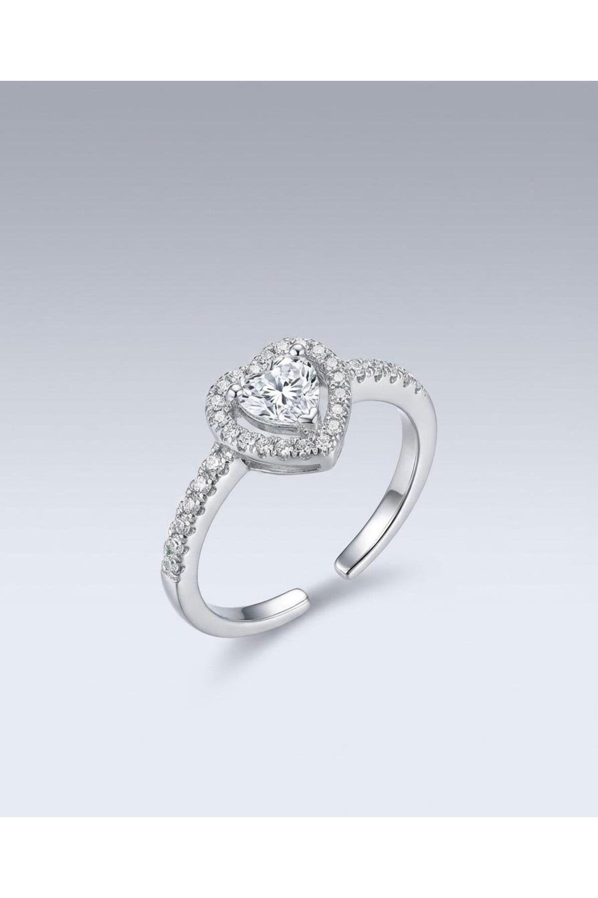 Pırlanta Zirkon Taşlı Kalpli Yüzük Ayarlanabilir - Gümüş Kaplama