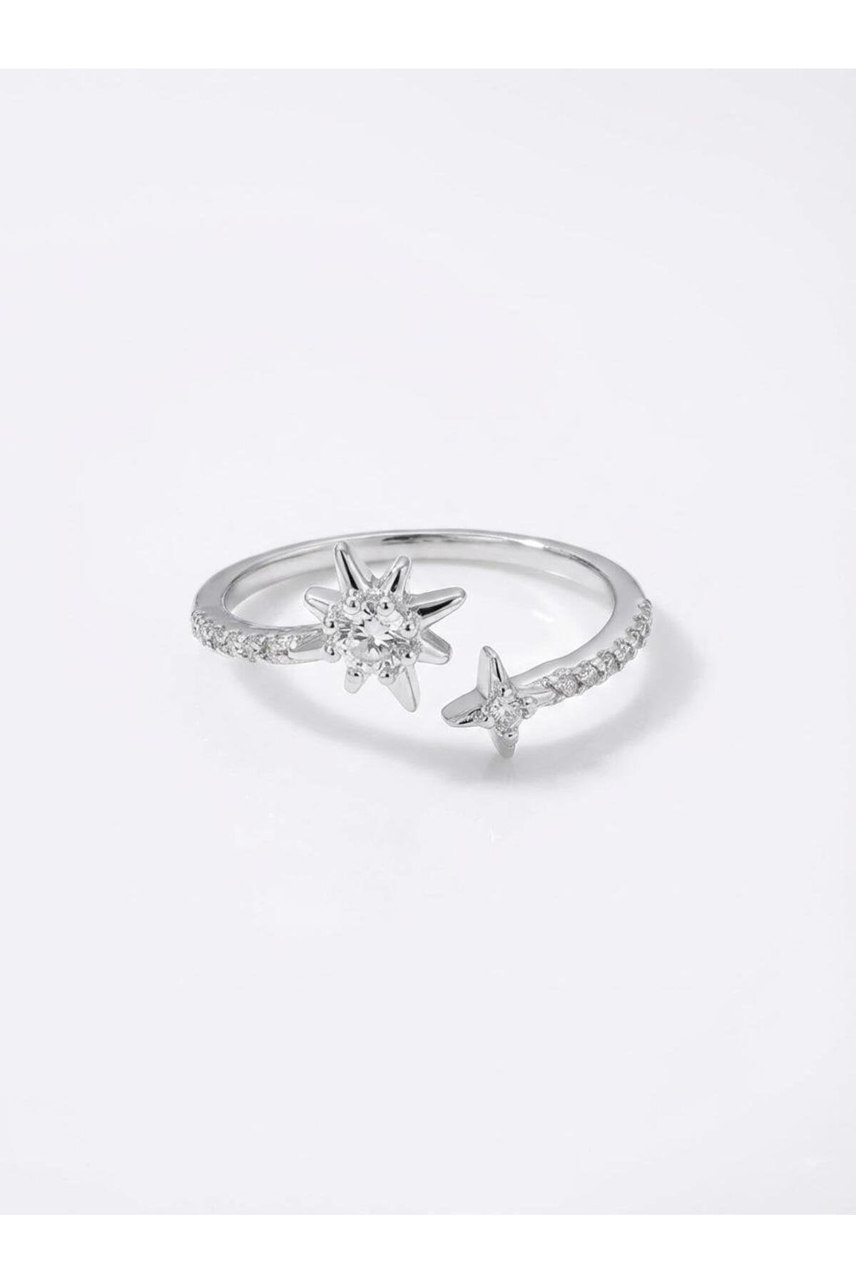 Parıltı Yıldızı Zirkon Taş Detaylı Gümüş Kaplama Paslanmaz Çelik Yüzük