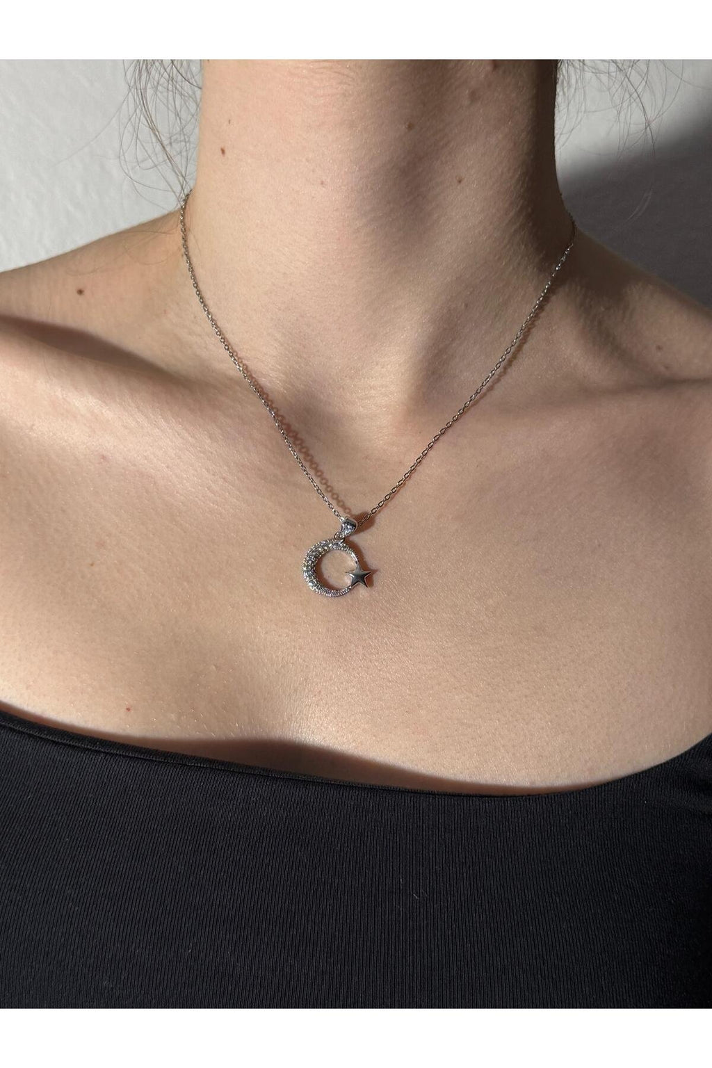 Ay Yıldız Zirkon Taş Detaylı Çelik Kolye