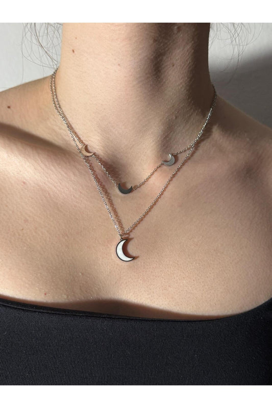 Ay Tutulması Gümüş Ay Detaylı Taşlı Çelik Kadın Kolye