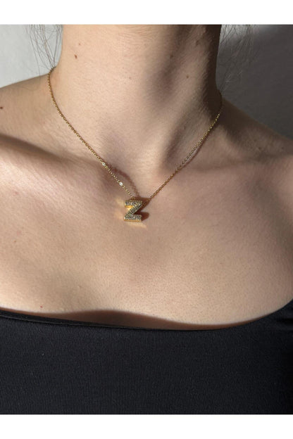 Gold Kaplama Zirkon Taşlı Harfli Kolye